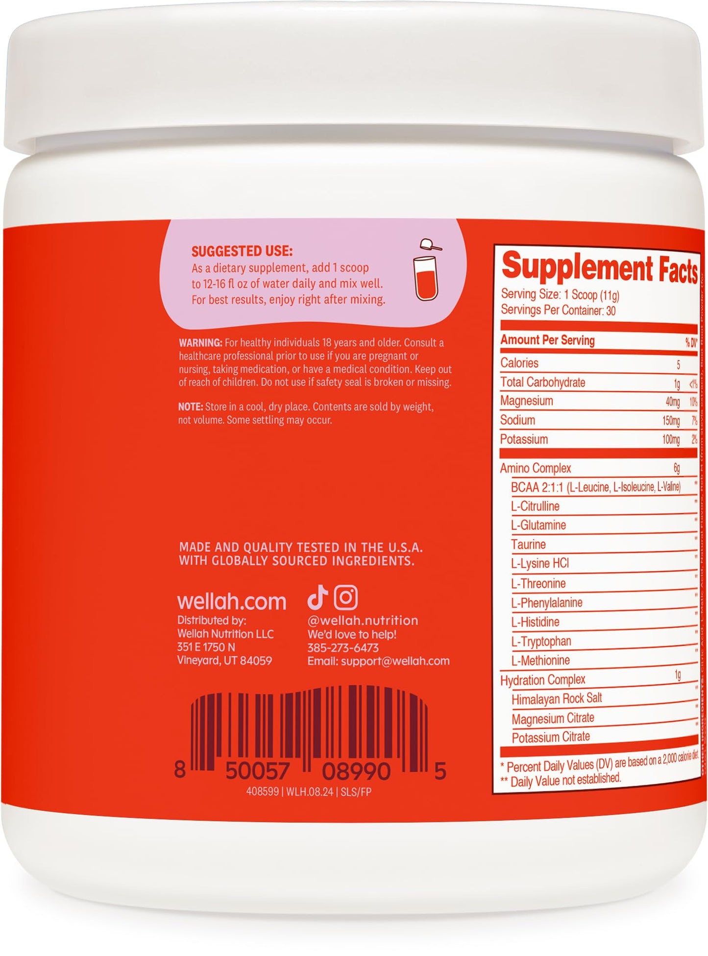 Wellah So Long Soreness BCAA Powder (Fruit Punch Flavored) 30 Servings – with Hydration Complex