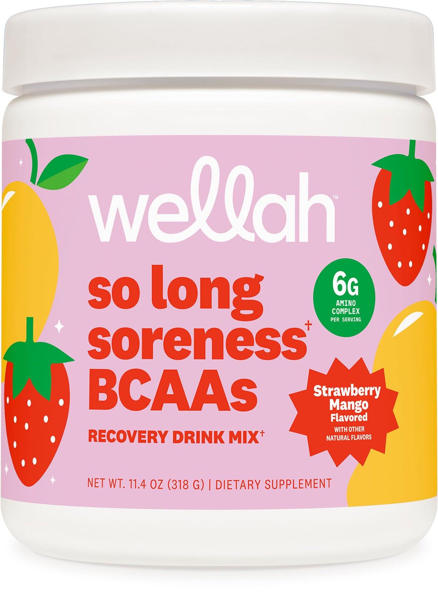 Wellah So Long Soreness BCAA Powder (Strawberry Mango Flavored) 30 Servings - with Hydration Complex