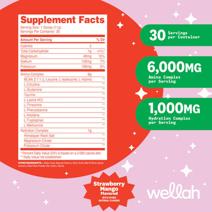 Wellah So Long Soreness BCAA Powder (Strawberry Mango Flavored) 30 Servings - with Hydration Complex