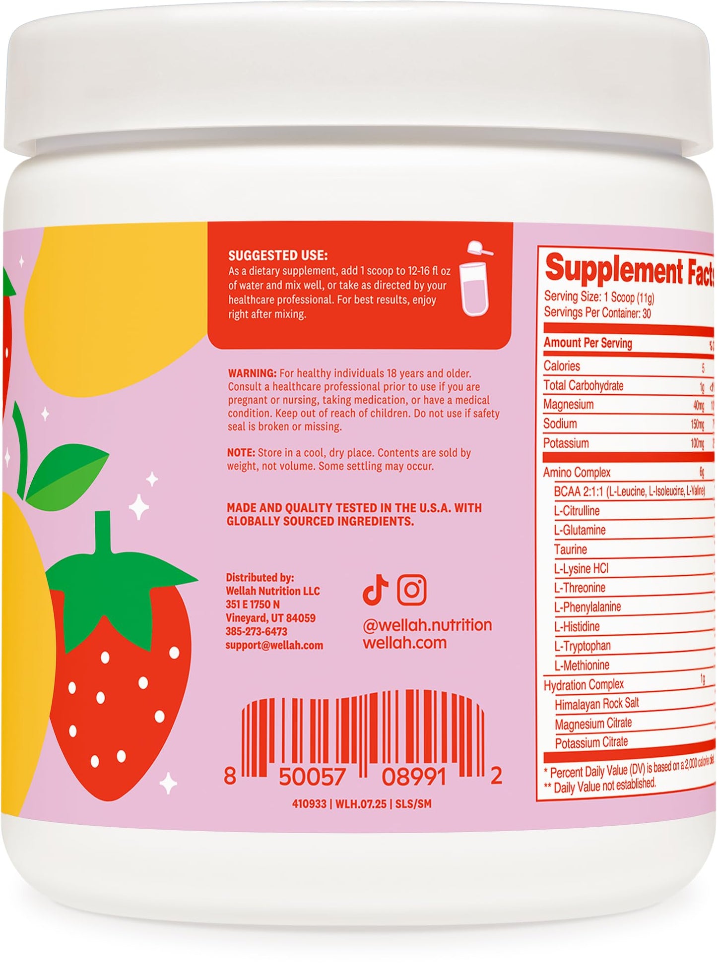 Wellah So Long Soreness BCAA Powder (Strawberry Mango Flavored) 30 Servings - with Hydration Complex