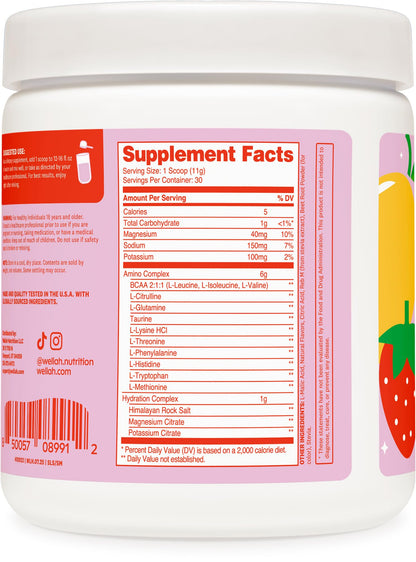 Wellah So Long Soreness BCAA Powder (Strawberry Mango Flavored) 30 Servings - with Hydration Complex