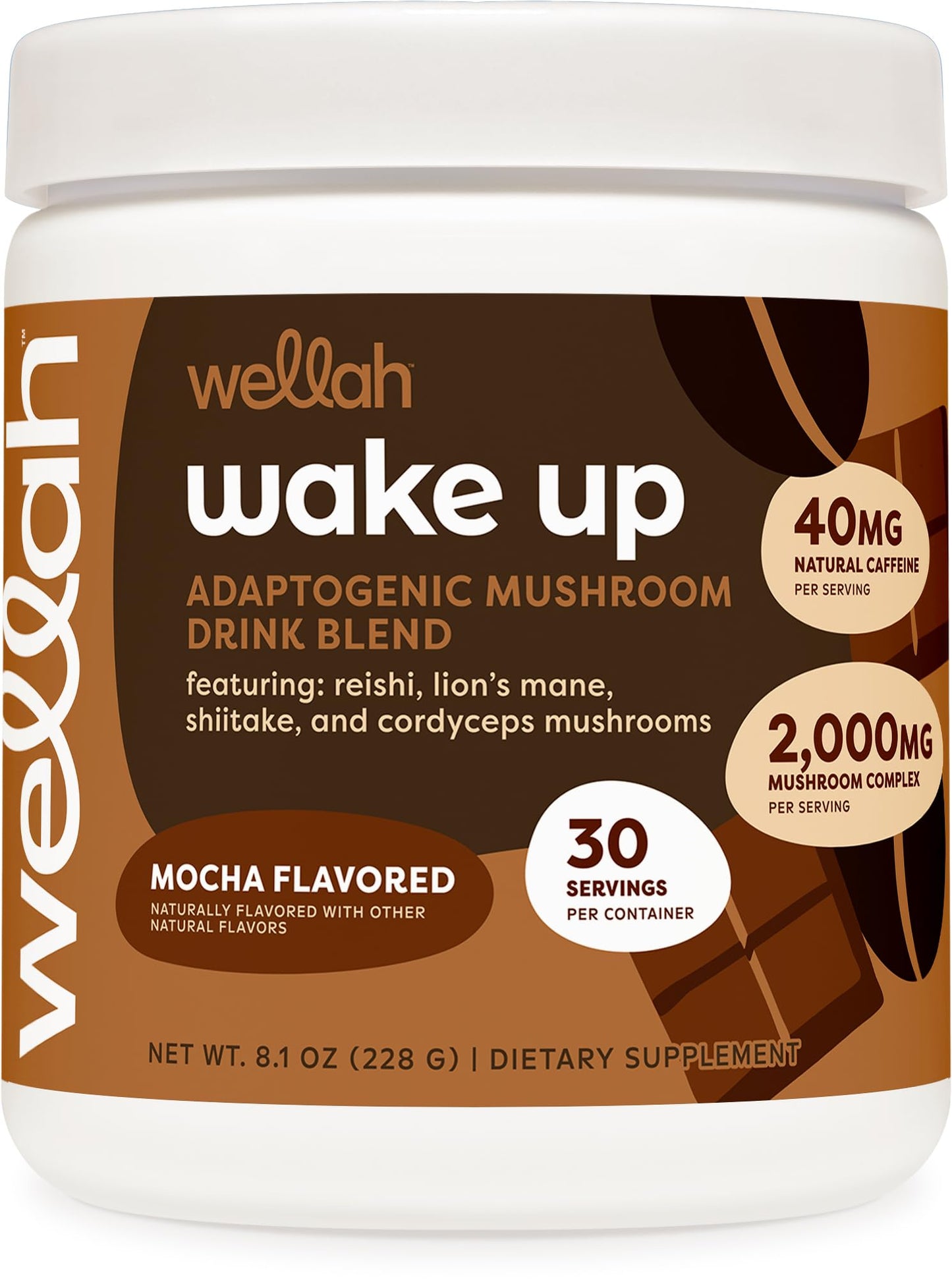 Wellah Wake Up Adaptogenic Mushroom Drink – Mocha, 30 Servings, 40mg Caffeine, 2000mg Mushroom Complex