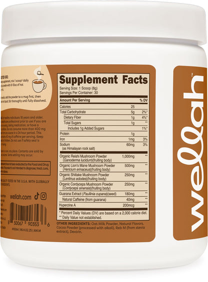 Wellah Wake Up Adaptogenic Mushroom Drink – Mocha, 30 Servings, 40mg Caffeine, 2000mg Mushroom Complex