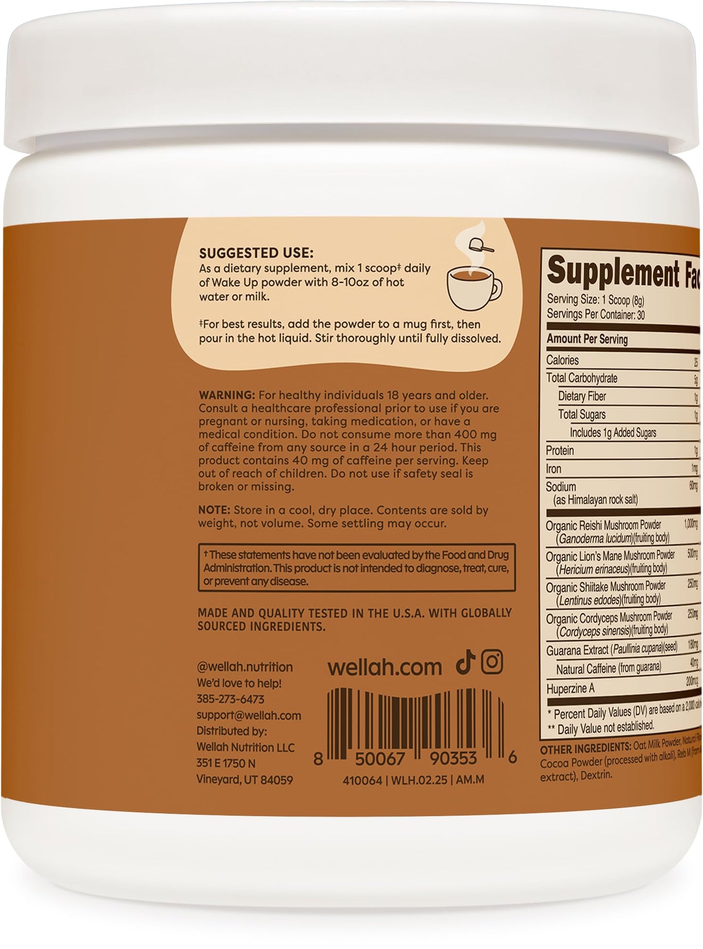 Wellah Wake Up Adaptogenic Mushroom Drink – Mocha, 30 Servings, 40mg Caffeine, 2000mg Mushroom Complex