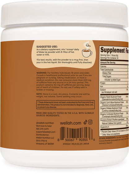 Wellah Wake Up Adaptogenic Mushroom Drink – Mocha, 30 Servings, 40mg Caffeine, 2000mg Mushroom Complex