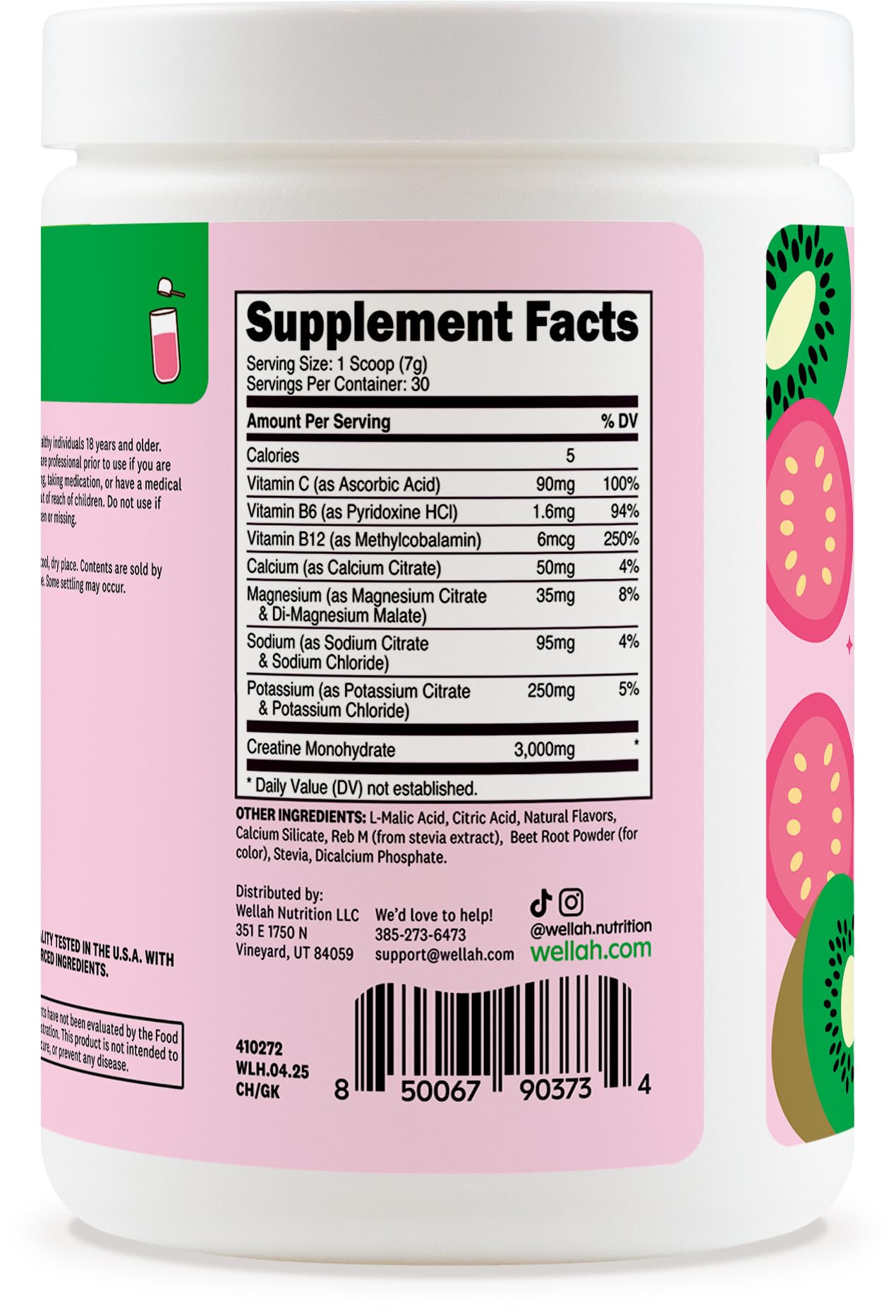 Wellah Creatine + Hydration Powder (Guava Kiwi) – 3g Creatine Monohydrate, Electrolytes, 30 Servings