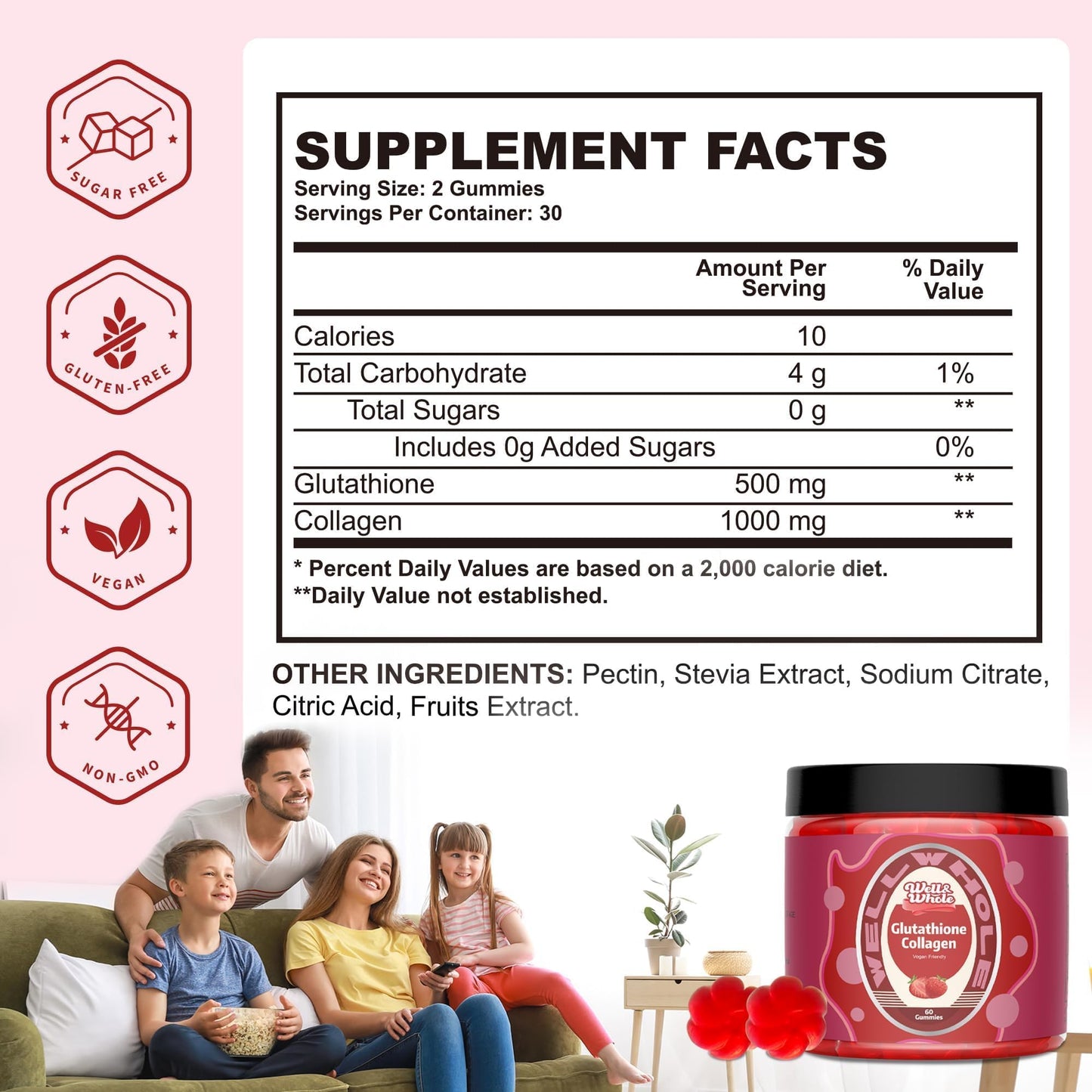 Well&Whole Glutathione 500mg + Collagen 1000mg Gummies – Skin Brightening & Anti-Aging | Vegan, Strawberry, 60 Count