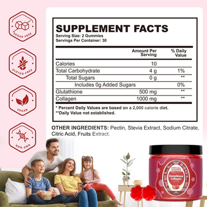 Well&Whole Glutathione 500mg + Collagen 1000mg Gummies – Skin Brightening & Anti-Aging | Vegan, Strawberry, 60 Count