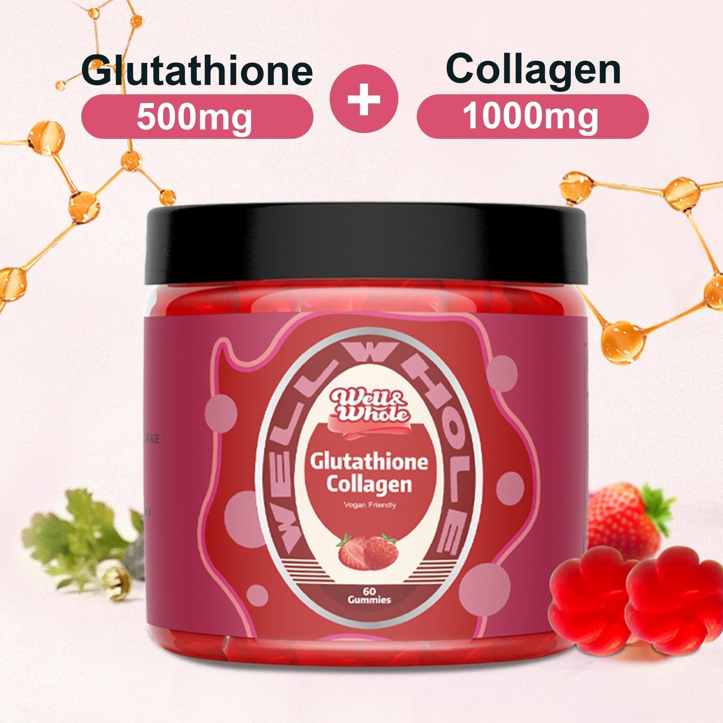 Well&Whole Glutathione 500mg + Collagen 1000mg Gummies – Skin Brightening & Anti-Aging | Vegan, Strawberry, 60 Count