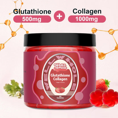 Well&Whole Glutathione 500mg + Collagen 1000mg Gummies – Skin Brightening & Anti-Aging | Vegan, Strawberry, 60 Count