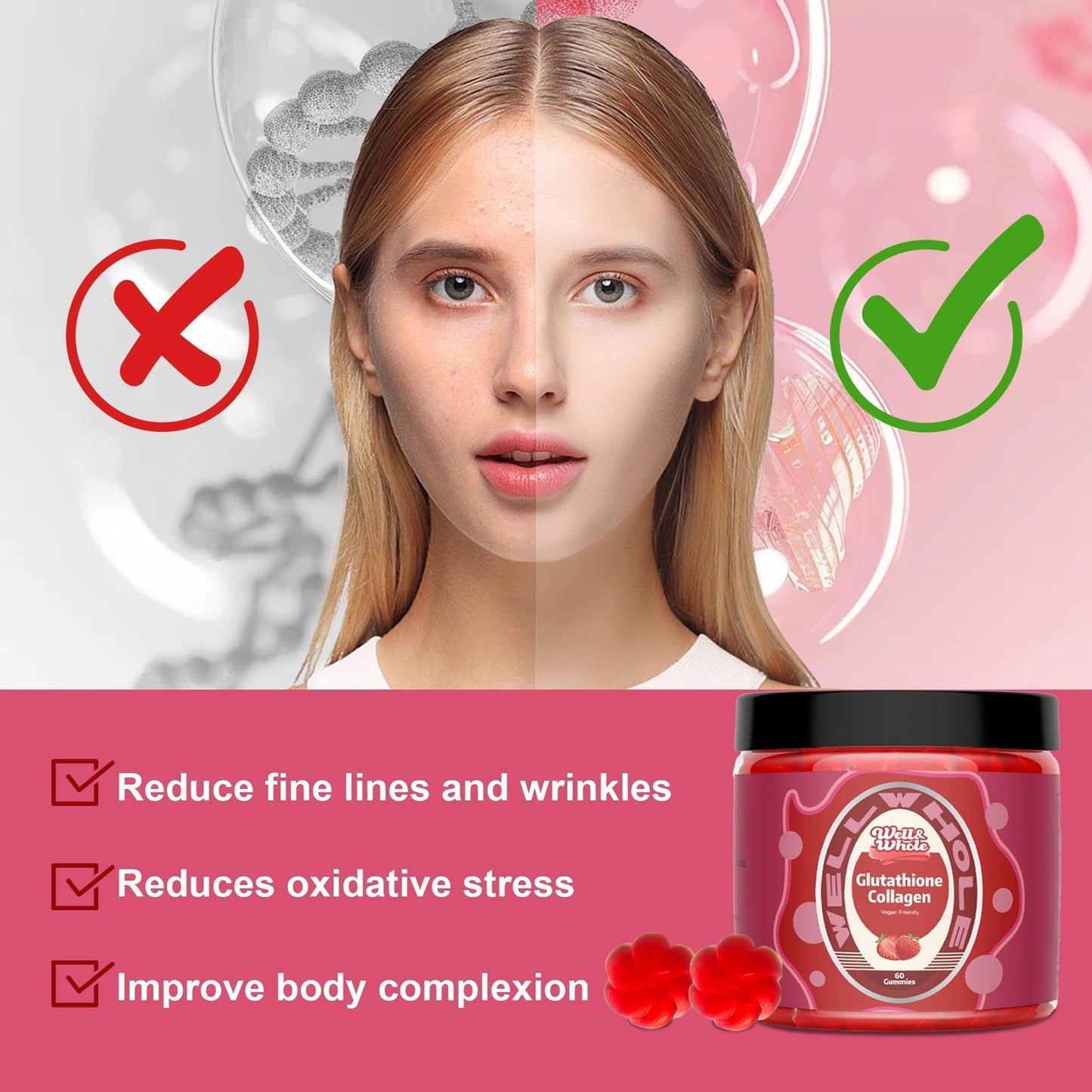 Well&Whole Glutathione 500mg + Collagen 1000mg Gummies – Skin Brightening & Anti-Aging | Vegan, Strawberry, 60 Count