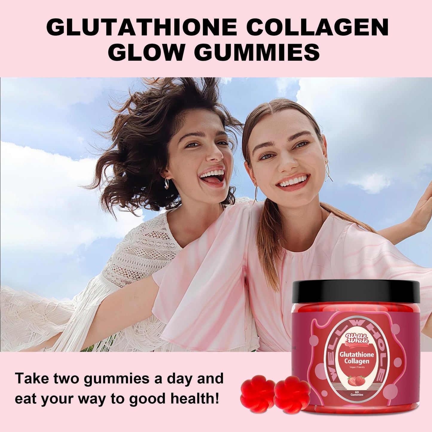 Well&Whole Glutathione 500mg + Collagen 1000mg Gummies – Skin Brightening & Anti-Aging | Vegan, Strawberry, 60 Count