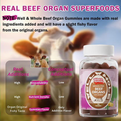 Well&Whole Grass-Fed Beef Organ Gummies for Women – Hormone Balance & Vitality (90 Gummies)