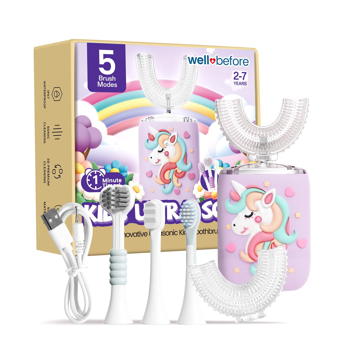 Well Before Ultrasonic Kid's U-Shaped Toothbrush – IPX7 Waterproof, 5 Modes (Unicorn/Purple) Ages 2-7
