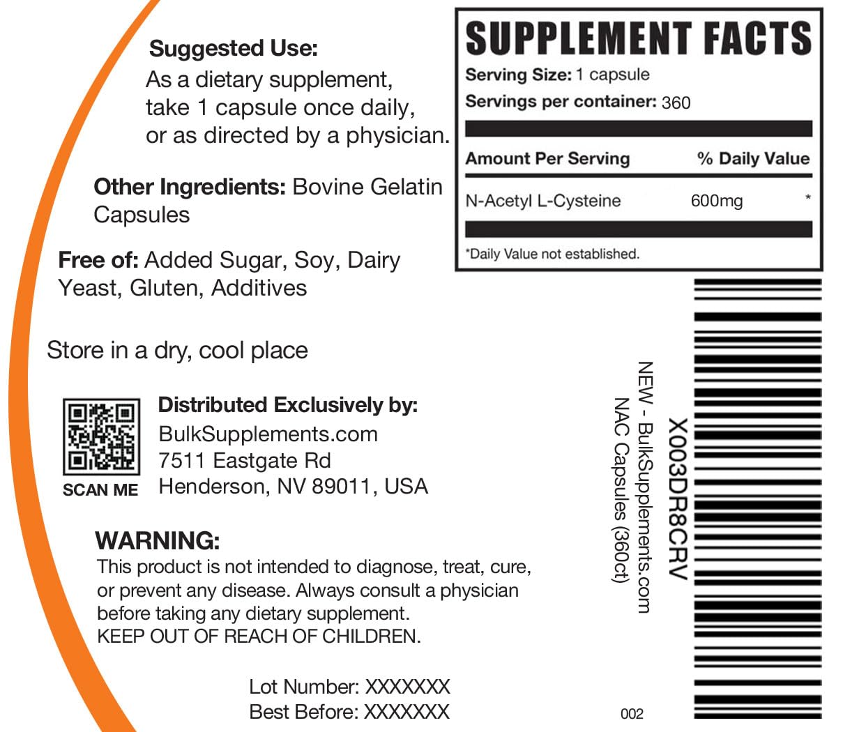 N-Acetyl L-Cysteine 600mg Capsules – NAC Supplement, Gluten Free, 360 Count | BulkSupplements