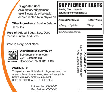 N-Acetyl L-Cysteine 600mg Capsules – NAC Supplement, Gluten Free, 360 Count | BulkSupplements