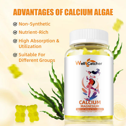 Wellcatcher Calcium Magnesium Gummies (60ct) – Sugar Free Vegan Algae Calcium for Adults & Kids | Bone Support with Vitamin D3, K2, Zinc