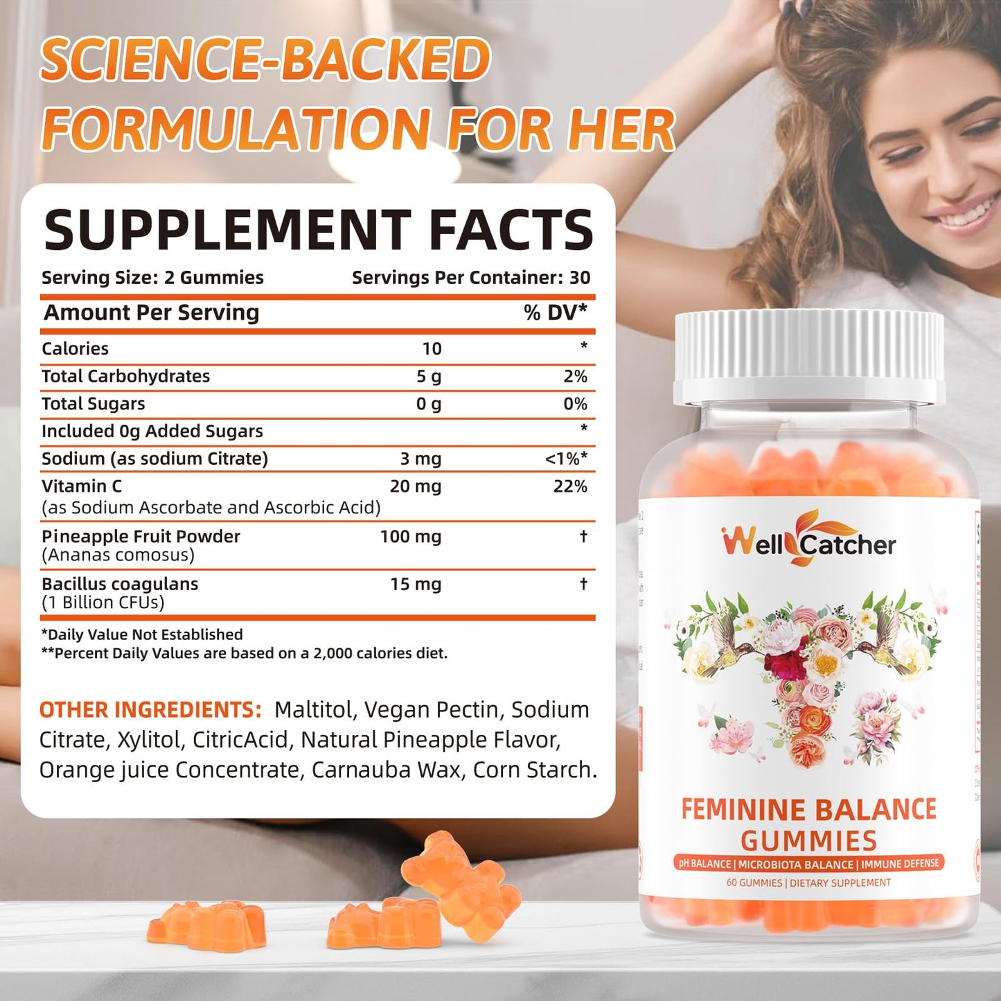 Wellcatcher Premium Feminine Balance Gummies for Women | Pineapple Probiotic & pH Support (60 Count)