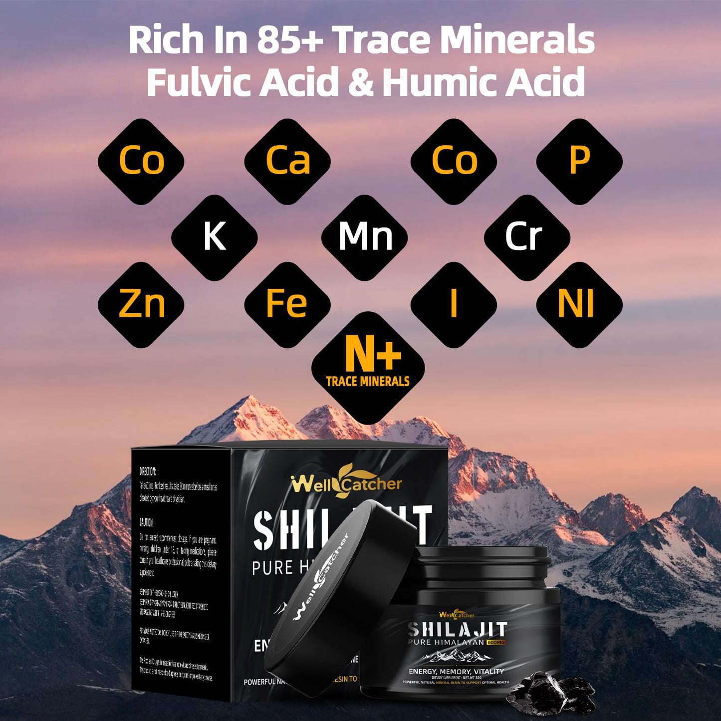 Wellcatcher Pure Himalayan Shilajit Resin – 600mg, 85+ Minerals, 75%+ Fulvic Acid, Energy & Immunity Support, 50 Servings