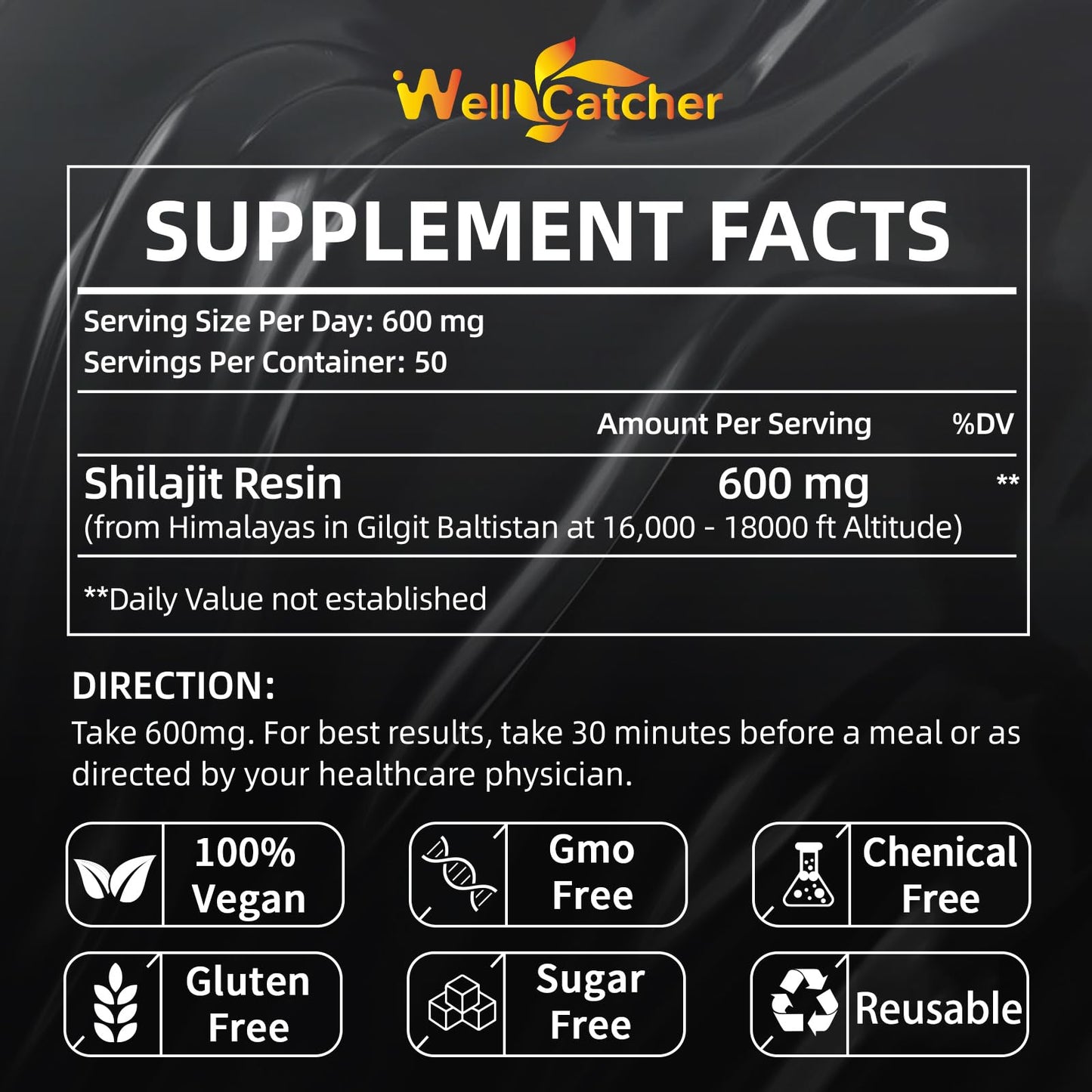 Wellcatcher Pure Himalayan Shilajit Resin – 600mg, 85+ Minerals, 75%+ Fulvic Acid, Energy & Immunity Support, 50 Servings