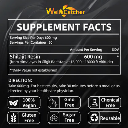 Wellcatcher Pure Himalayan Shilajit Resin – 600mg, 85+ Minerals, 75%+ Fulvic Acid, Energy & Immunity Support, 50 Servings