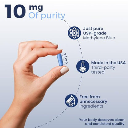 Welldiet Methylene Blue 10mg Capsules – USP Grade, Made in USA – 60 Count (2-Month Supply)
