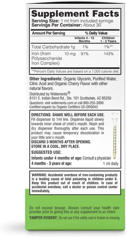 Wellements Organic Iron Drops for Newborns & Babies | Cherry Flavor Liquid Iron Supplement (1 oz)