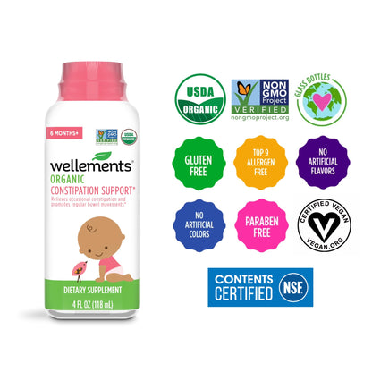 Wellements Organic Constipation Support | Gentle Relief for Infants & Toddlers | 4 Fl Oz