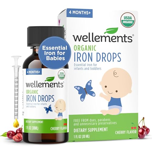 Wellements Organic Iron Drops for Newborns & Babies | Cherry Flavor Liquid Iron Supplement (1 oz)