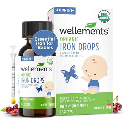 Wellements Organic Iron Drops for Newborns & Babies | Cherry Flavor Liquid Iron Supplement (1 oz)