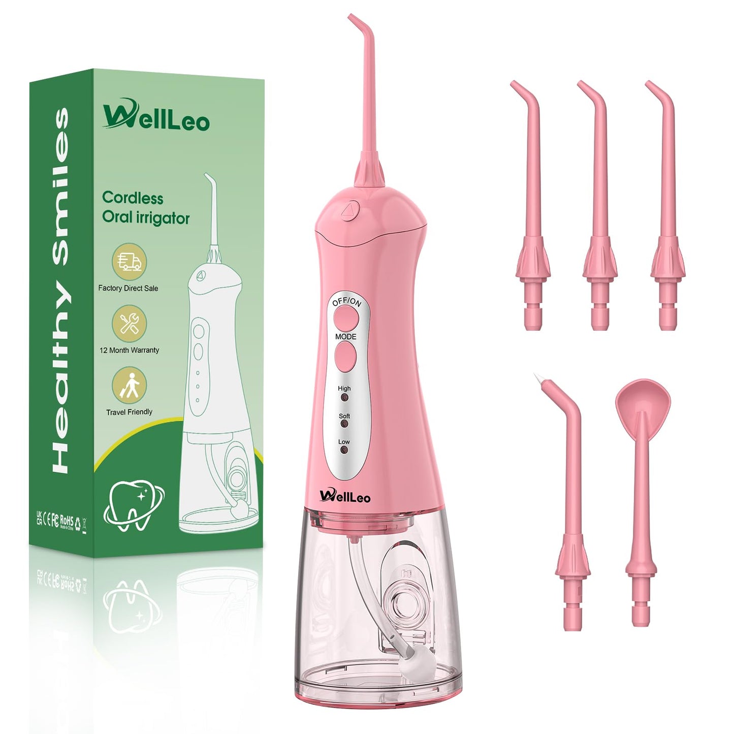 WellLeo Water Flosser - Portable Oral Irrigator, 5 Jet Tips, USB Rechargeable
