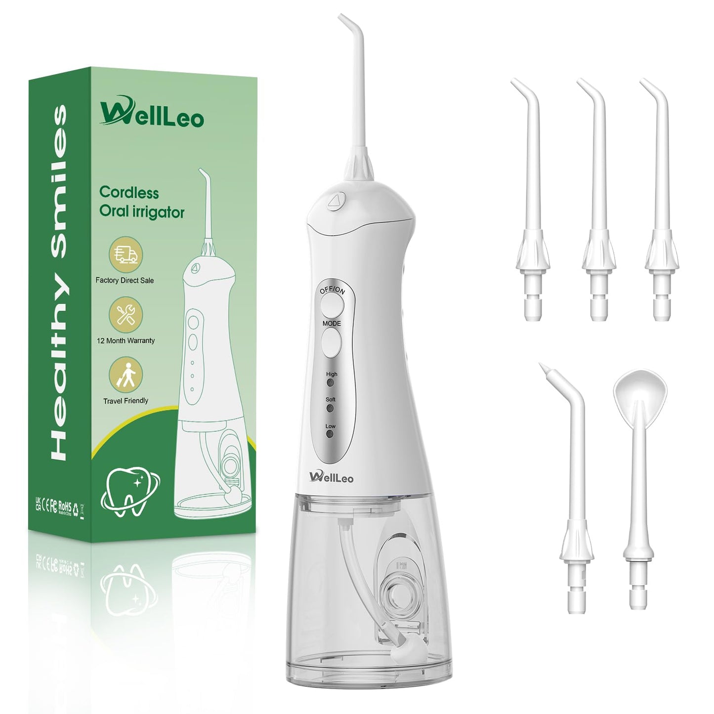 WellLeo Water Flosser - Portable Oral Irrigator, 5 Jet Tips, IPX7