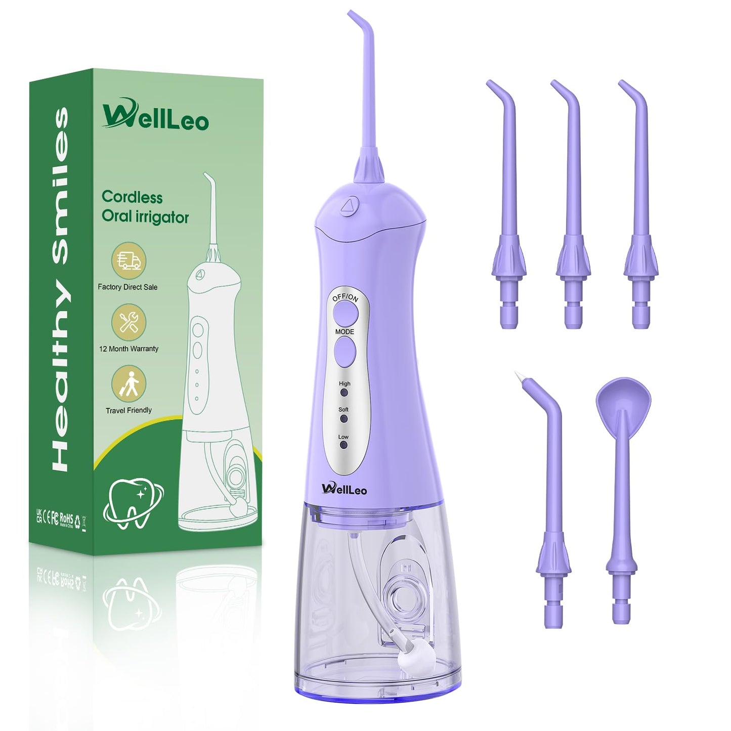 WellLeo Water Flosser – Portable USB Rechargeable Oral Irrigator, 5 Jet Tips, IPX7 Waterproof