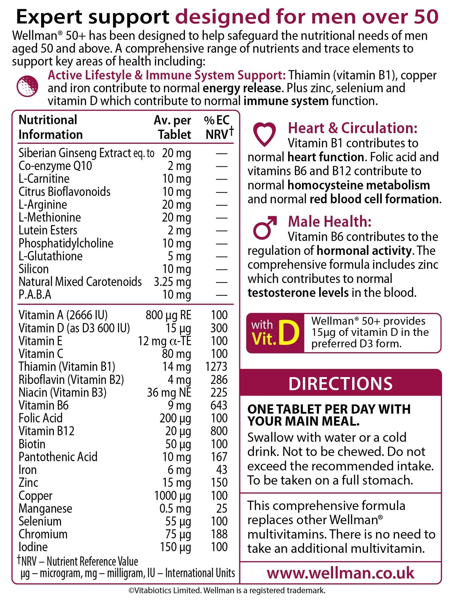Wellman 50+ Advanced Vitamin & Mineral Supplement | Vitabiotics | 30 Tablets