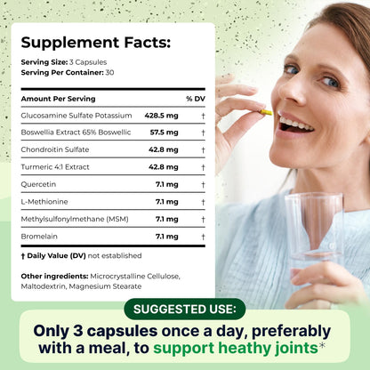 Wellnee Joint Support Supplement | Glucosamine Chondroitin MSM, Boswellia & Turmeric | 90 Capsules, 30 Servings
