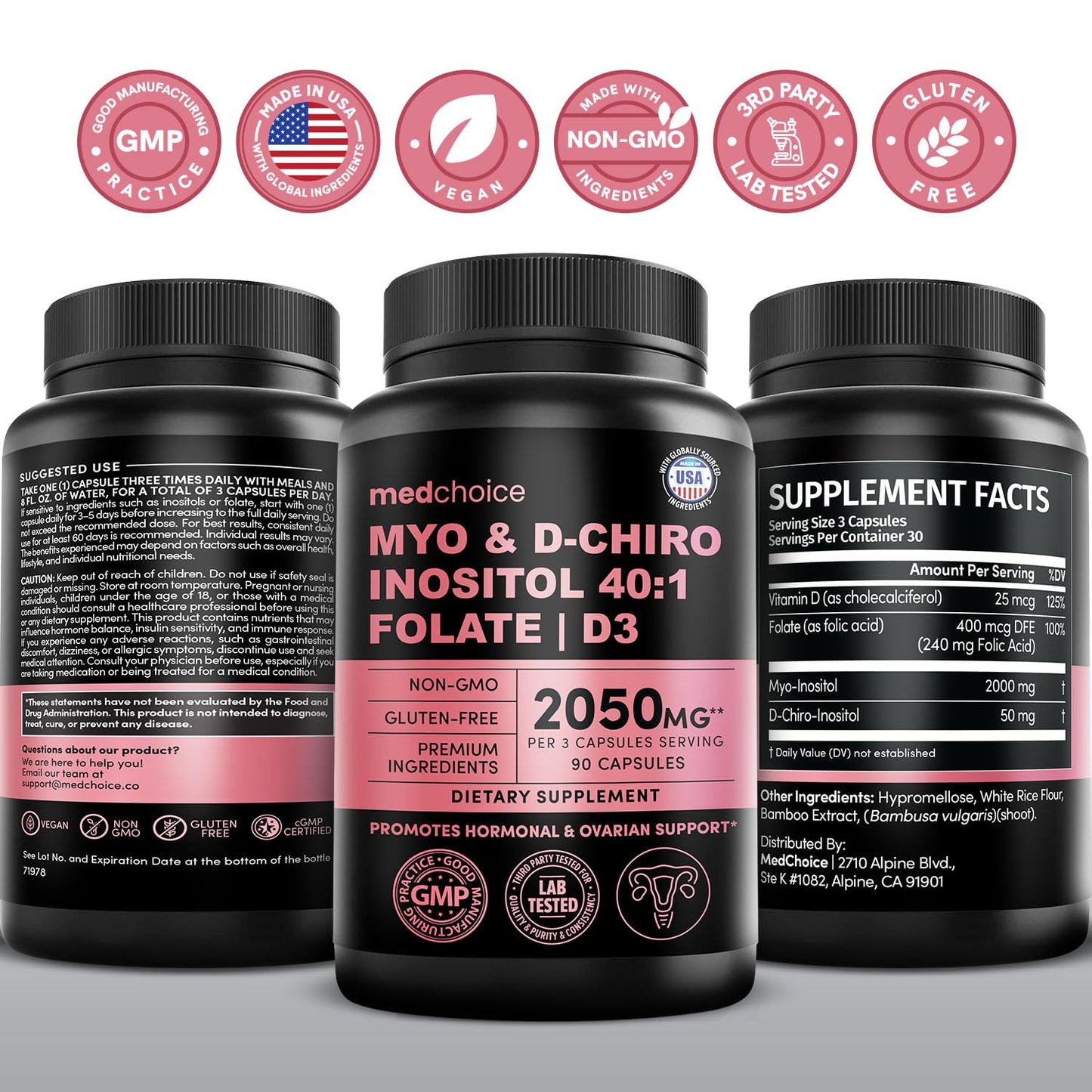 4-in-1 Inositol for Women | 40:1 Myo-Inositol & D-Chiro + Folate + Vitamin D3 (90 Count) - Vegan