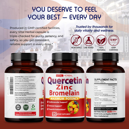 Premium Quercetin 98% with Bromelain, Green Tea & Ashwagandha – 90-Capsule Bottle
