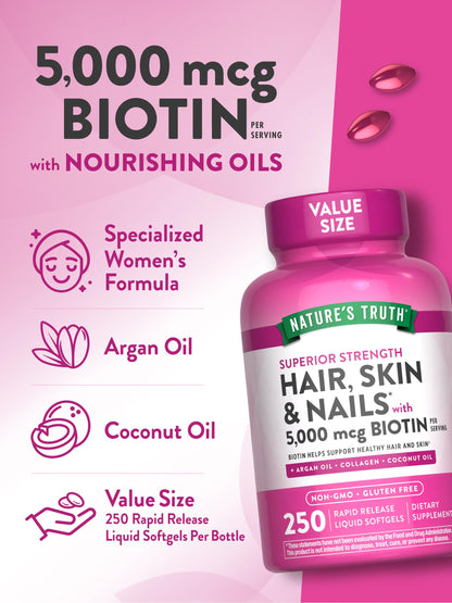 Nature's Truth Hair, Skin & Nails Vitamins | 5000mcg | 250 Softgels | Includes Collagen, Biotin and Coconut Oil | Non-GMO & Gluten Free Supplement for Women and Men