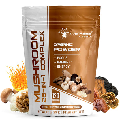 WELLNESS LABSRX 25-in-1 Mushroom Powder – 2000mg, Lion's Mane & 24 Other Mushrooms, 120 Servings