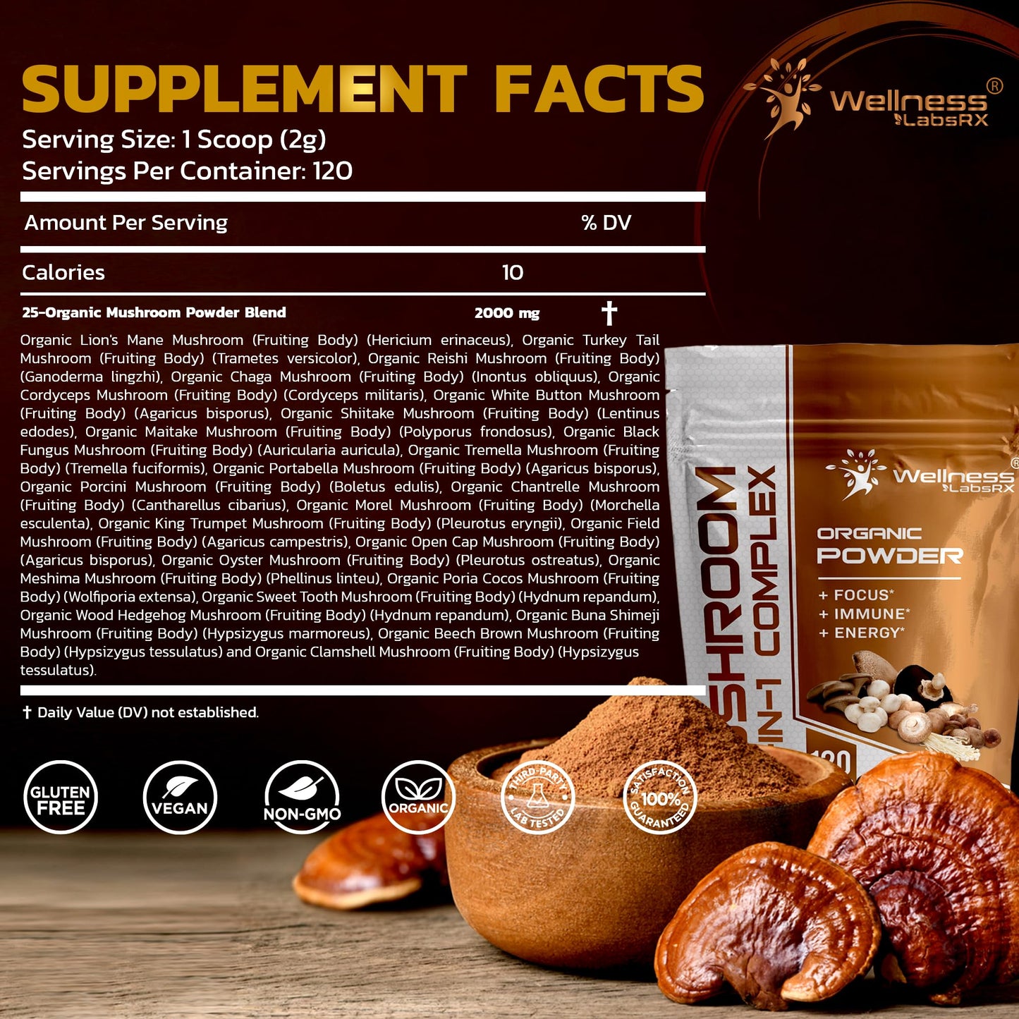 WELLNESS LABSRX 25-in-1 Mushroom Powder – 2000mg, Lion's Mane & 24 Other Mushrooms, 120 Servings
