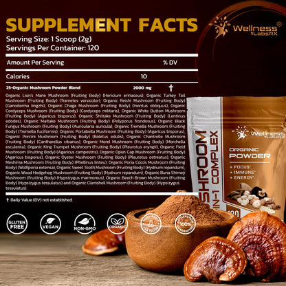 WELLNESS LABSRX 25-in-1 Mushroom Powder – 2000mg, Lion's Mane & 24 Other Mushrooms, 120 Servings