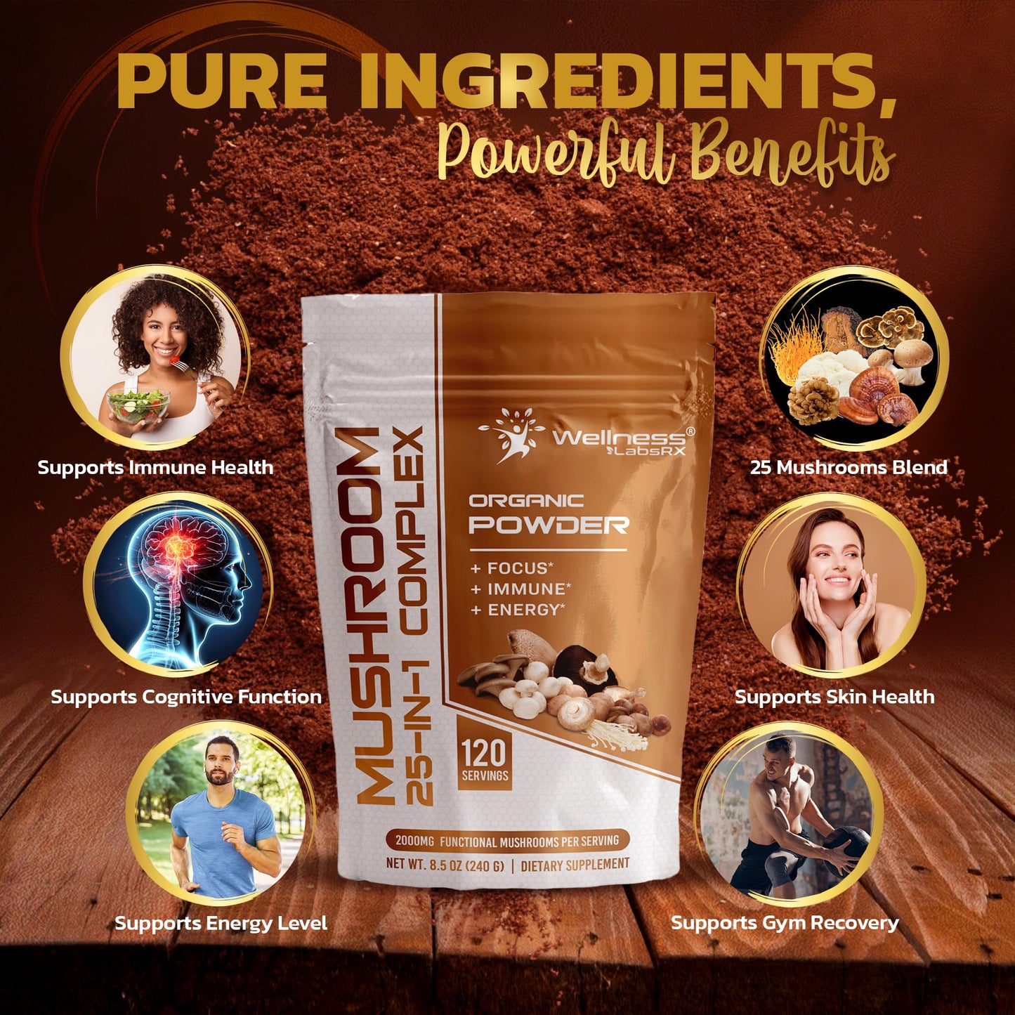 WELLNESS LABSRX 25-in-1 Mushroom Powder – 2000mg, Lion's Mane & 24 Other Mushrooms, 120 Servings