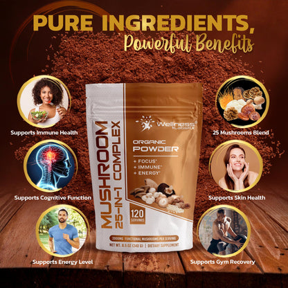 WELLNESS LABSRX 25-in-1 Mushroom Powder – 2000mg, Lion's Mane & 24 Other Mushrooms, 120 Servings