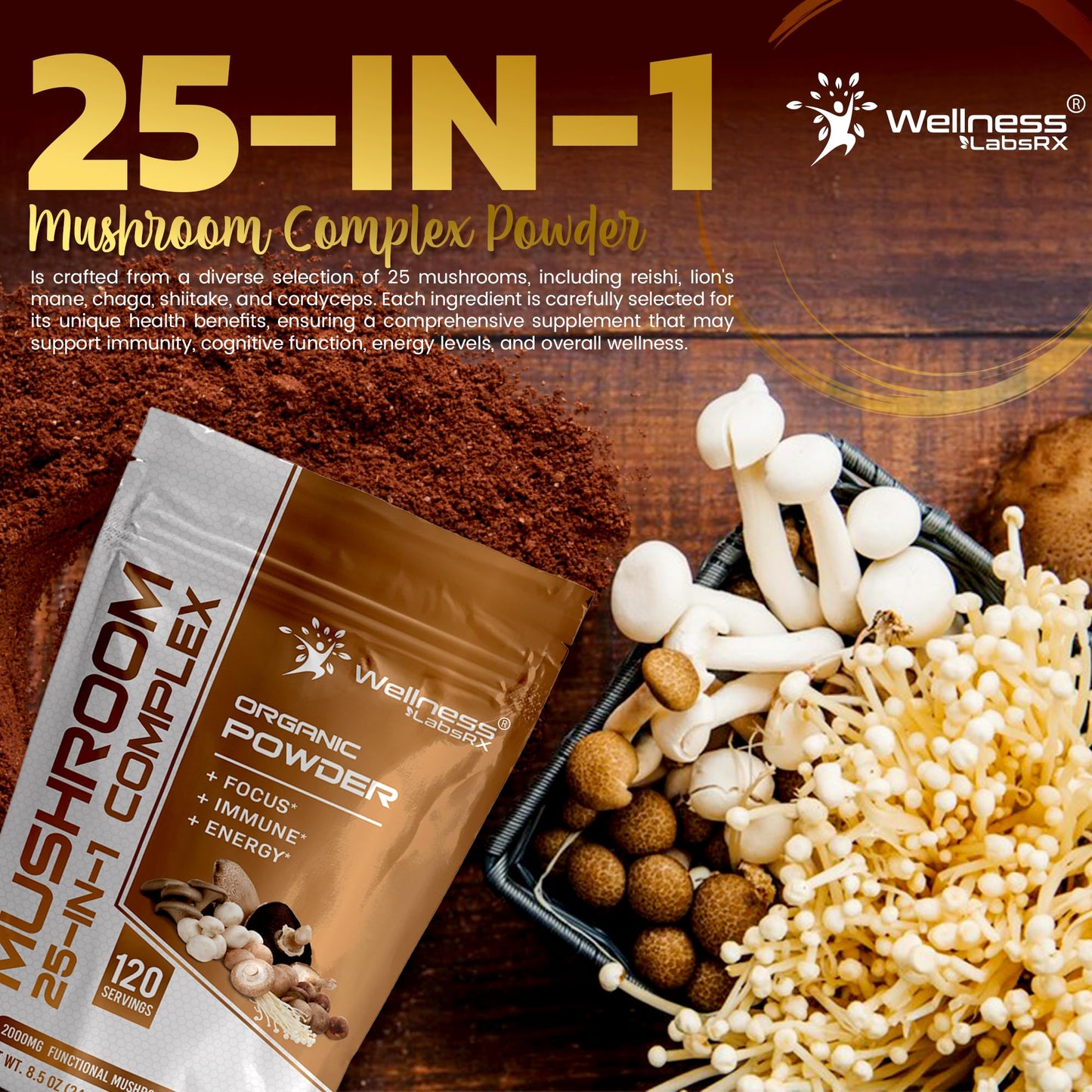 WELLNESS LABSRX 25-in-1 Mushroom Powder – 2000mg, Lion's Mane & 24 Other Mushrooms, 120 Servings