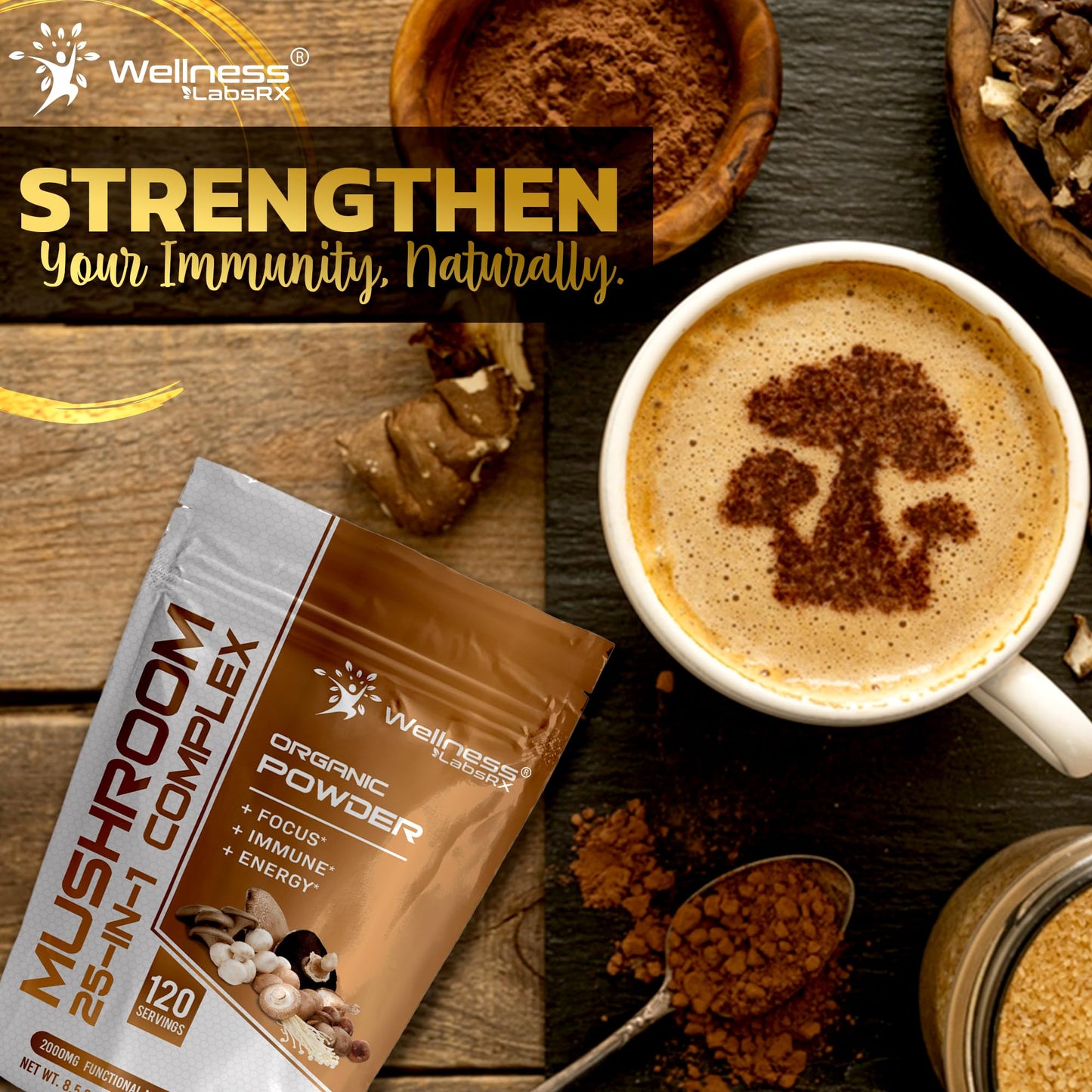 WELLNESS LABSRX 25-in-1 Mushroom Powder – 2000mg, Lion's Mane & 24 Other Mushrooms, 120 Servings