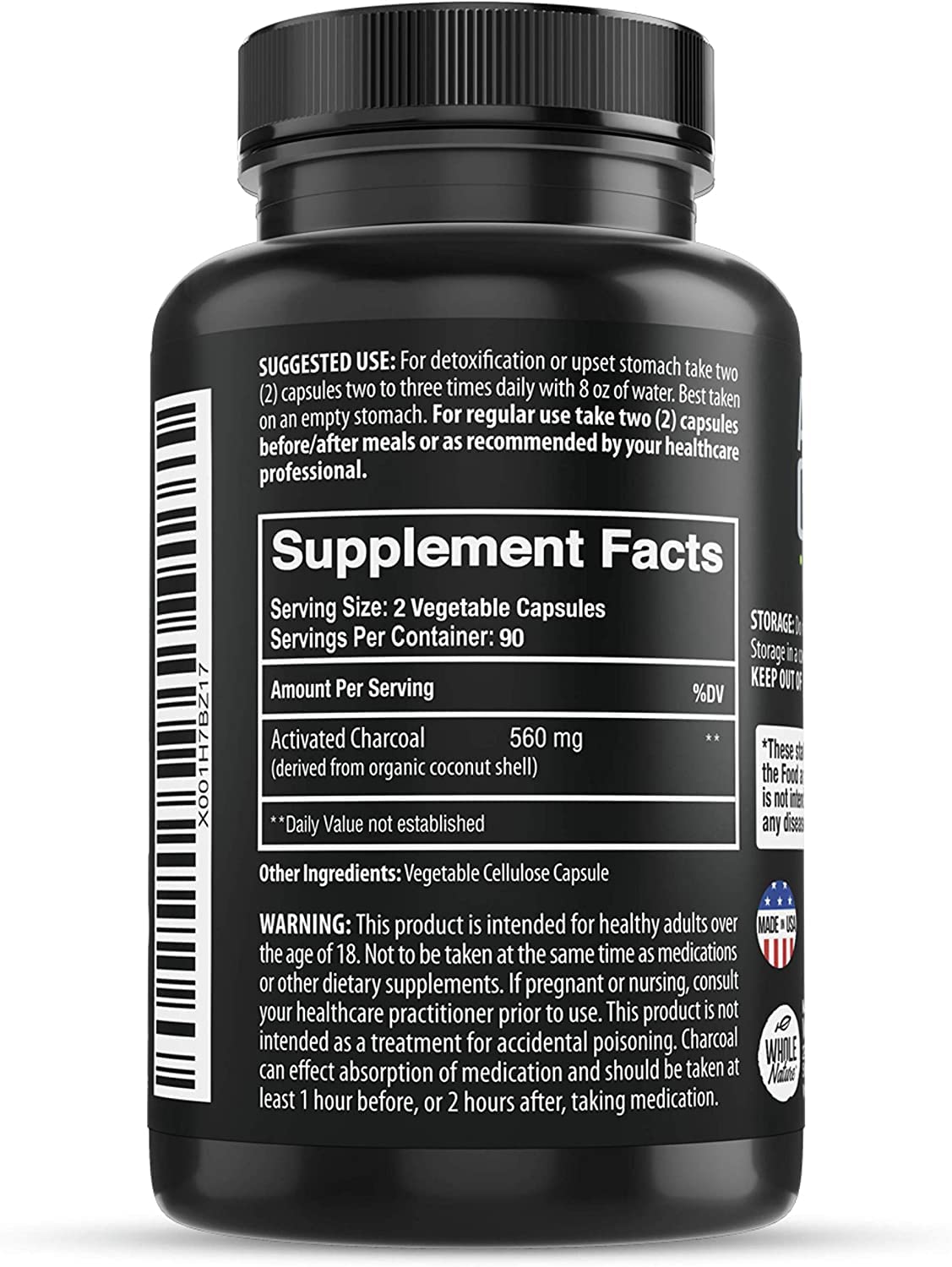 Pure Coconut Activated Charcoal Capsules - 180 Count | Teeth Whitening, Bloating & Cleansing