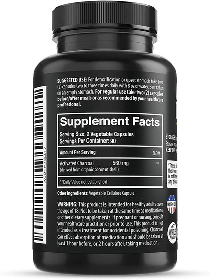 Pure Coconut Activated Charcoal Capsules - 180 Count | Teeth Whitening, Bloating & Cleansing