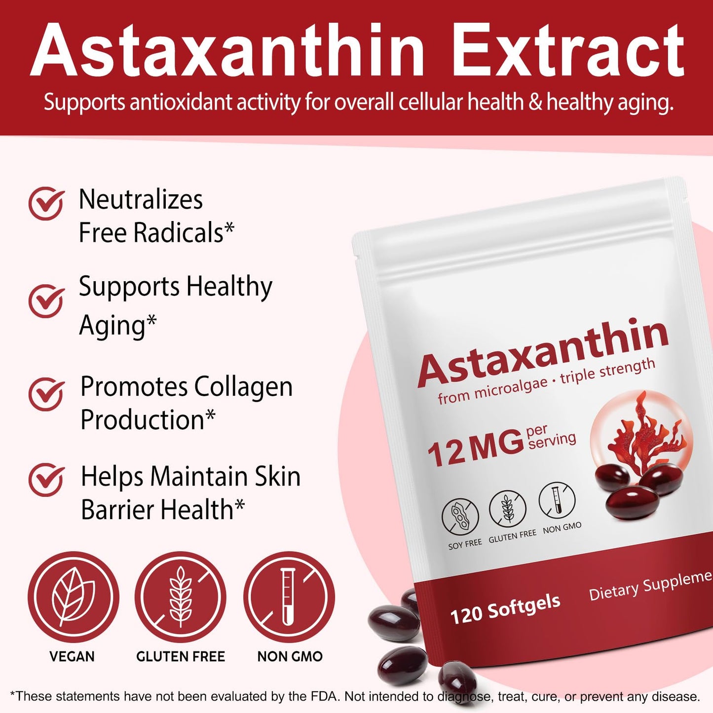 Astaxanthin Supplements 12mg - 120 Softgels (4 Month Supply) | Premium Antioxidant from Microalgae - Non-GMO & Gluten-Free
