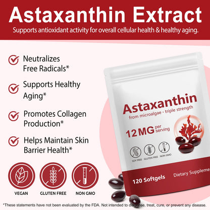 Astaxanthin Supplements 12mg - 120 Softgels (4 Month Supply) | Premium Antioxidant from Microalgae - Non-GMO & Gluten-Free