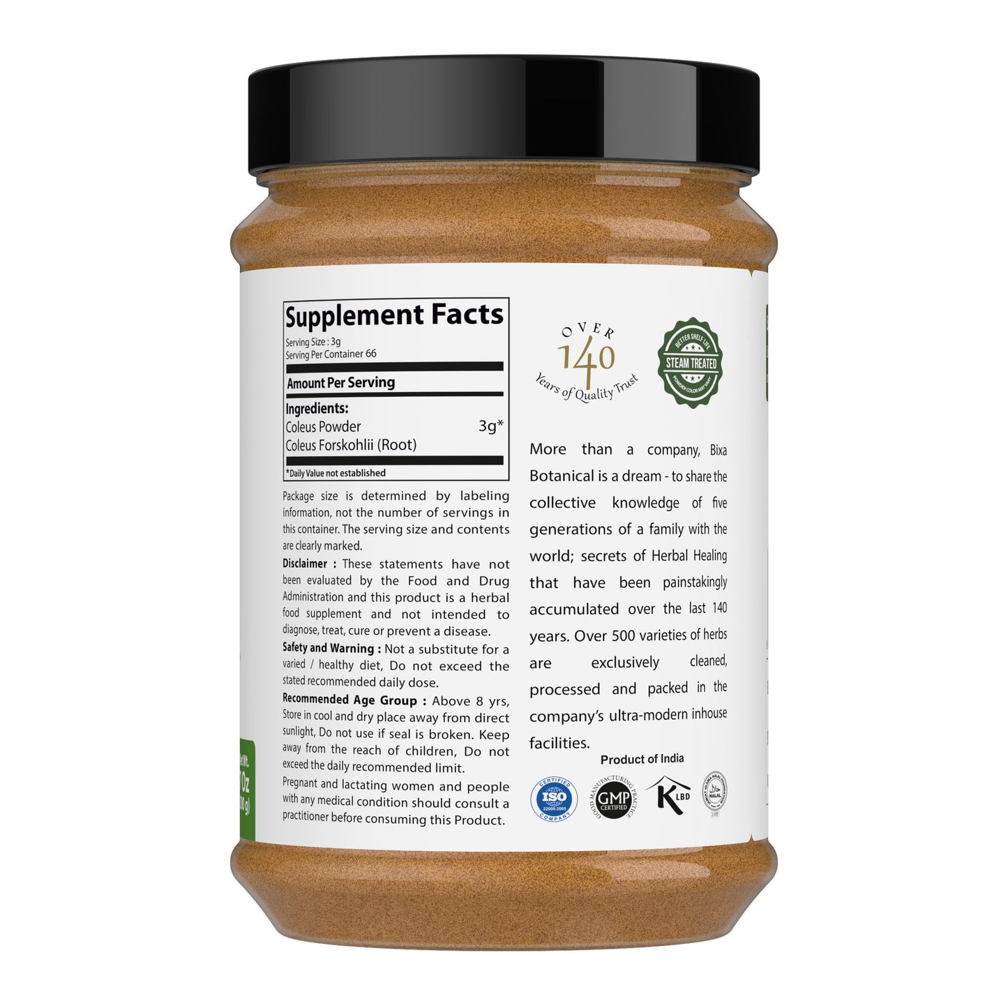 Bixa Botanical Coleus Forskohlii Root Powder – Forskolin-Rich, Lab-Tested, Vegan, Non-GMO (200g/7oz)